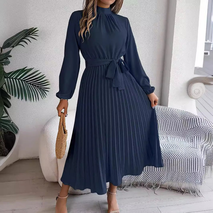 Pleated Midi Dress – Women's Long Sleeve Belted Silhouette