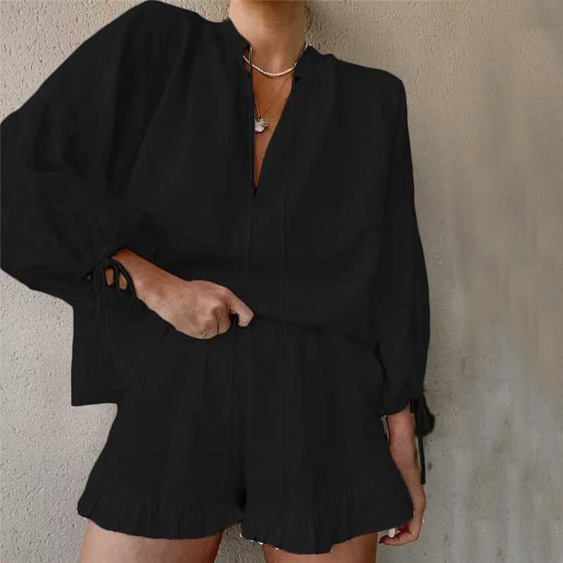 Women's Two Piece Set V-Neck Lantern Sleeve Top – Ruffle Shorts Lace-Up Detail