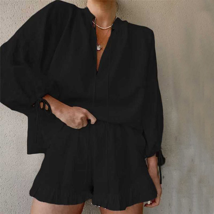 Women's Two Piece Set V-Neck Lantern Sleeve Top – Ruffle Shorts Lace-Up Detail