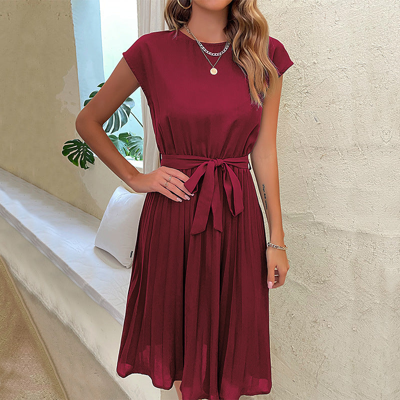 Pleated Midi Dress – Flowy Tie-Waist Style for Work & Weekends