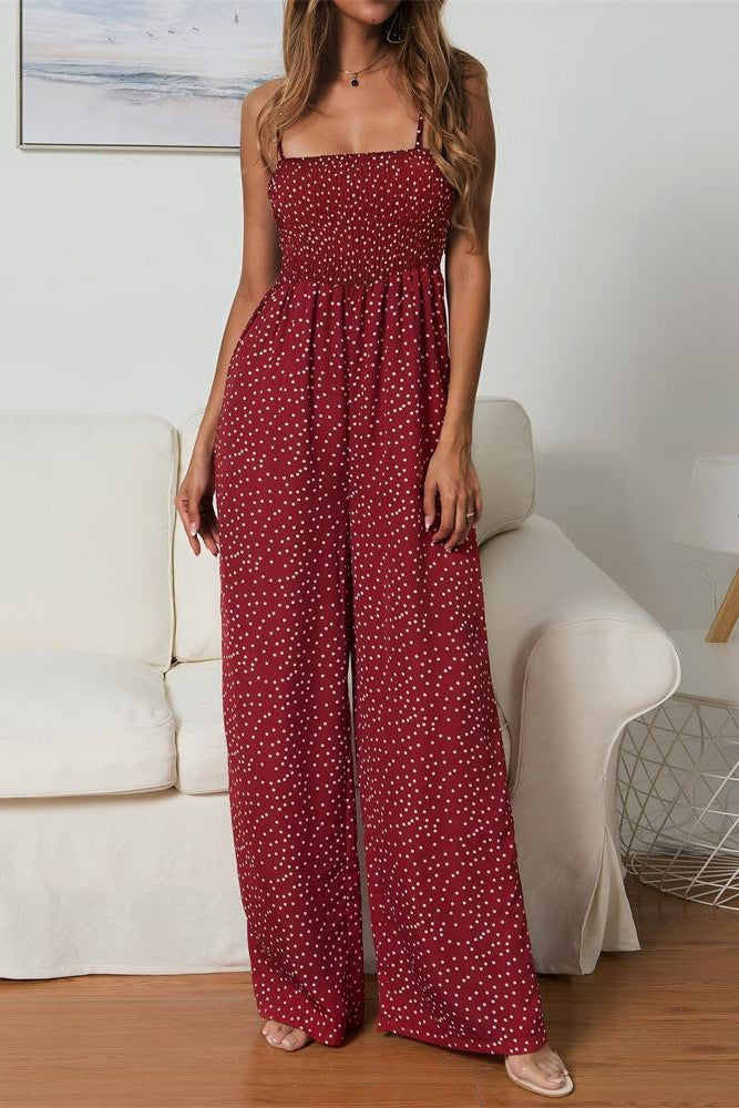 Women's Wide Leg Jumpsuit – Smocked Bodice & Spaghetti Straps