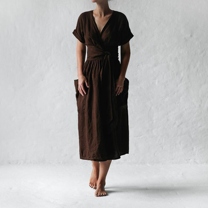 Midi Dress – V-Neck, Pleated Waist & Pockets
