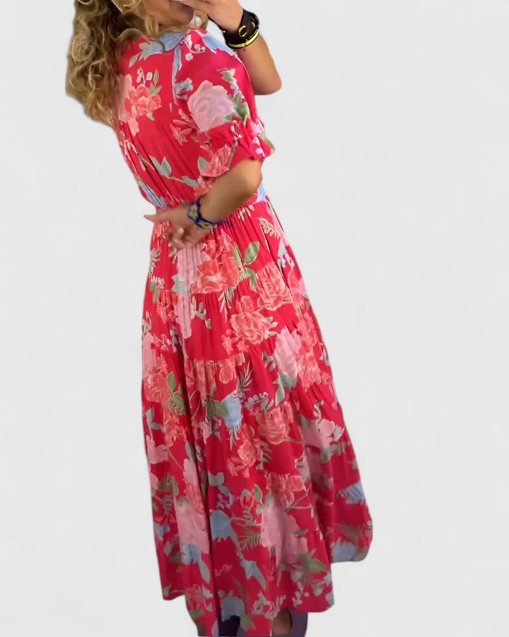 Women's Maxi Dress with Pockets – V-Neck Tiered Skirt