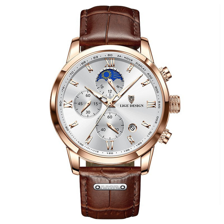 Men's Classic Leather-Look Strap Watch – Multifunction Dial