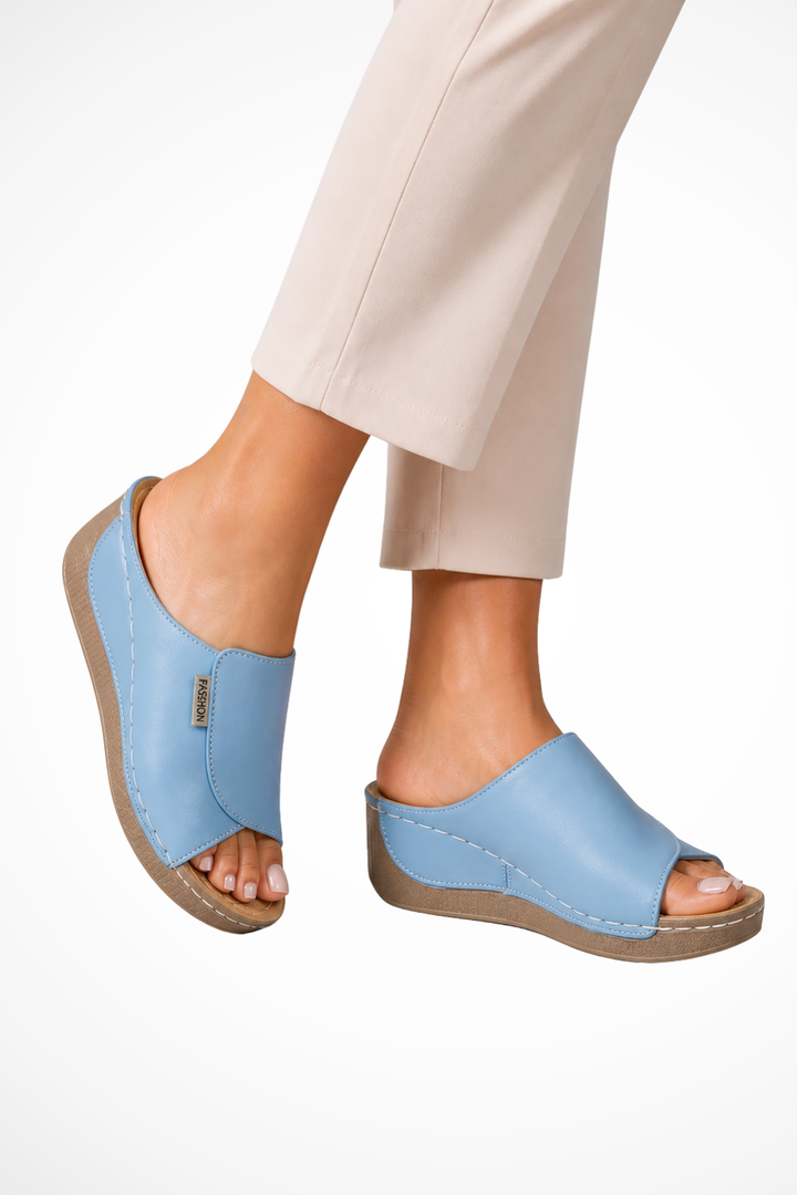 Women's Leather Wedge Mules – Open Toe Slip-On Design