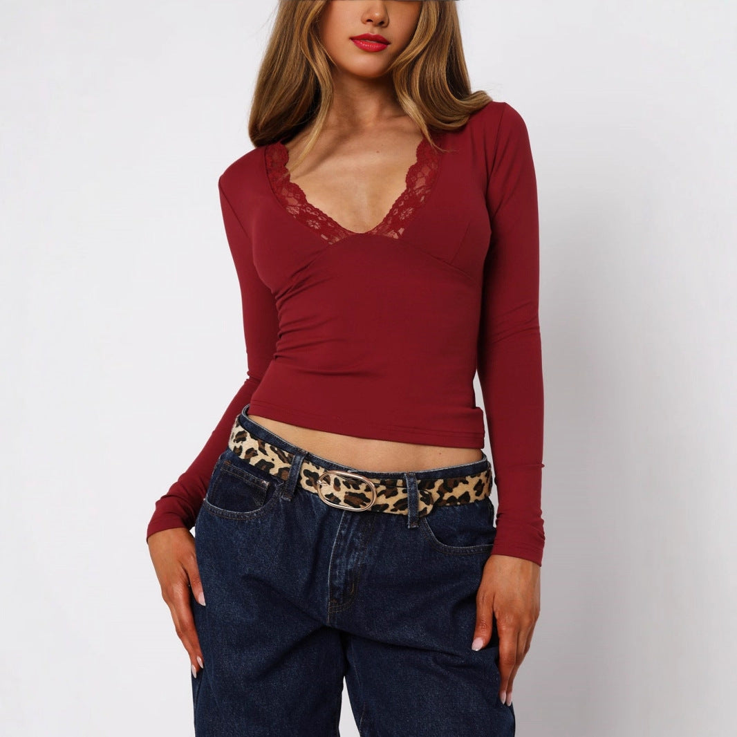 Women's Lace Blouse – V-Neck Long Sleeve Top