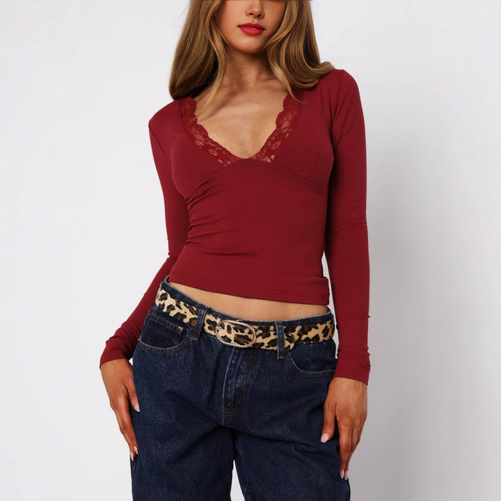 Women's Lace Blouse – V-Neck Long Sleeve Top