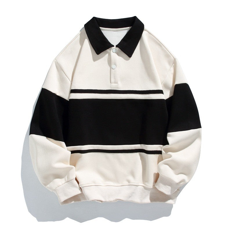 Men's Cotton Blend Sweatshirt – Polo Collar Contrast Panels Relaxed Fit