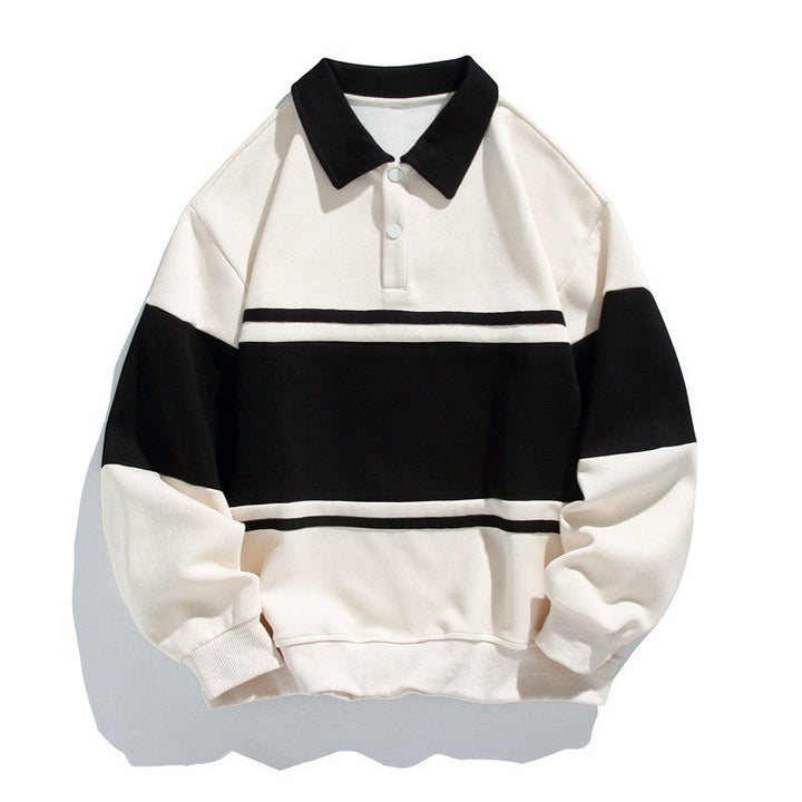 Men's Cotton Blend Sweatshirt – Polo Collar Contrast Panels Relaxed Fit