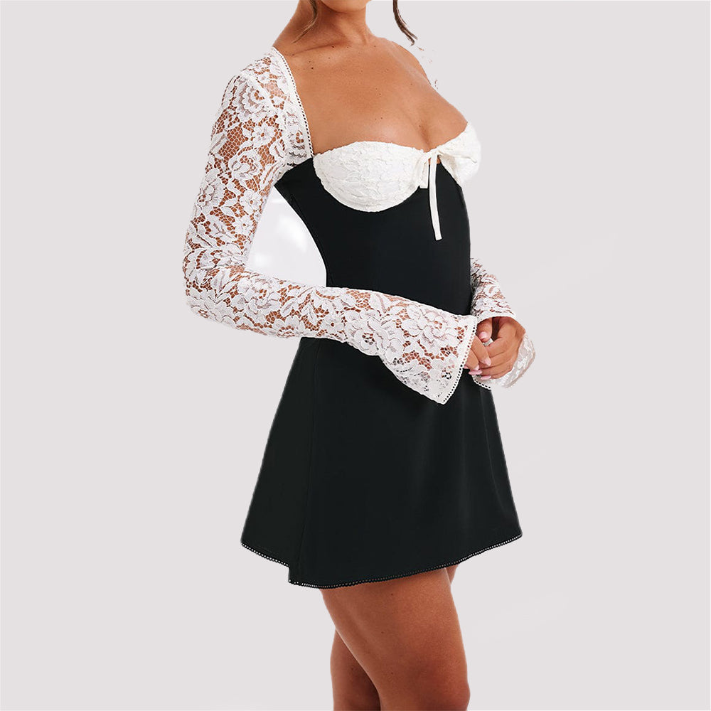 Women's Lace Mini Dress Corset Bodice – Backless Lace-Up Long Sleeves