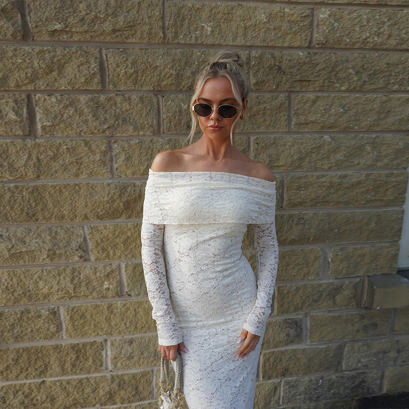 Off Shoulder Lace Maxi Dress – Mermaid Flared Sleeves