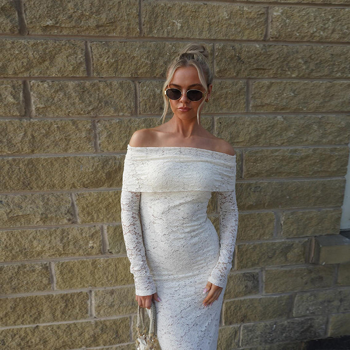 Off Shoulder Lace Maxi Dress – Mermaid Flared Sleeves