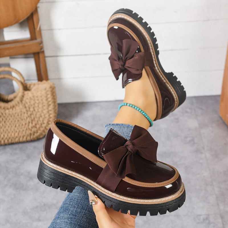Platform Loafers for Women – Patent Bow Slip-On Shoes