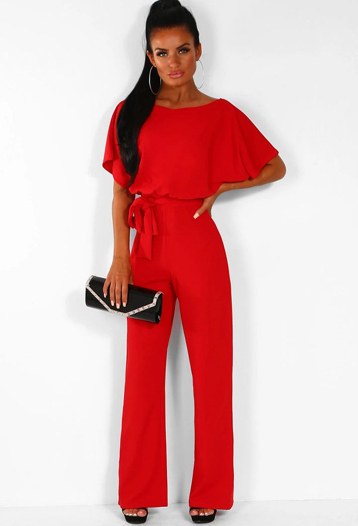 Women's High Waist Wide Leg Jumpsuit – Lace-Up Boat Neck Flutter Sleeve