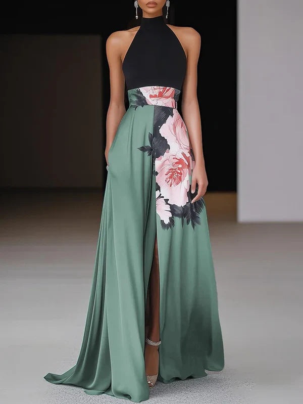 Women's Floral Print Halter Neck Maxi Dress – Front Slit