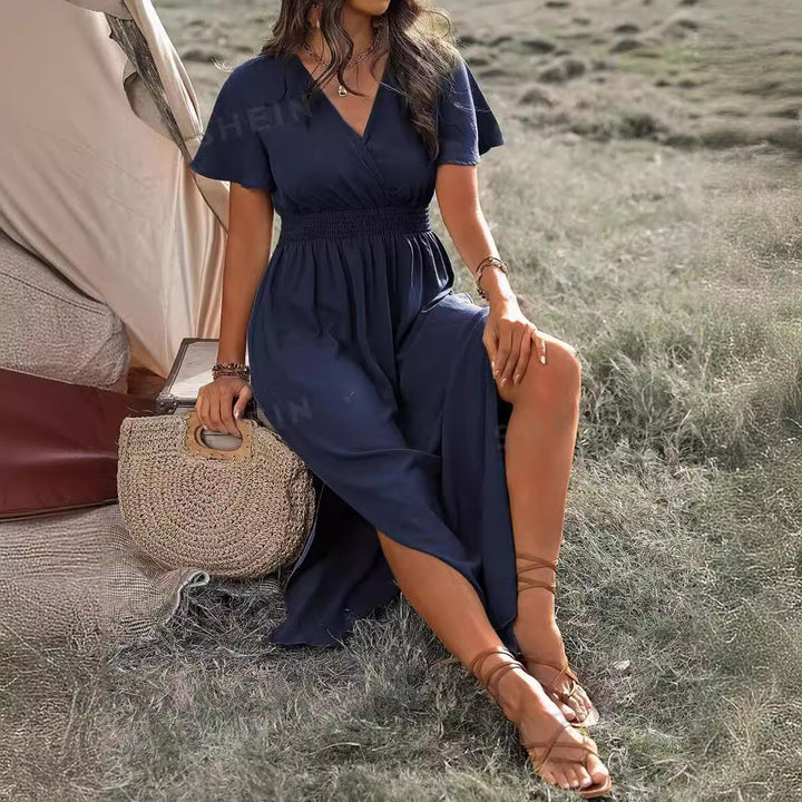 Midi Wrap Dress Women V-Neck – Elegant Flowy Silhouette