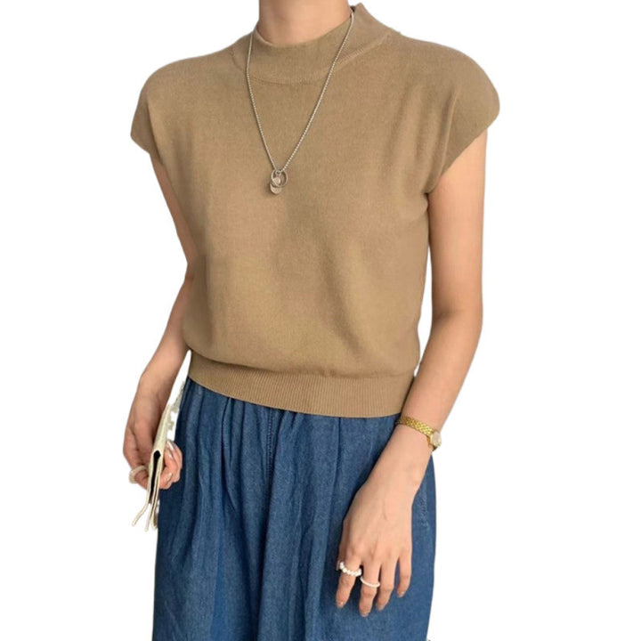 Women's Knitted Vest Top Sleeveless Mock Neck – Waist Bandage Outerwear