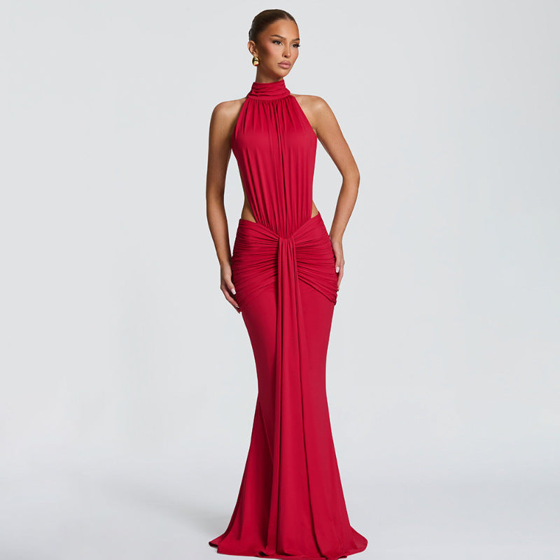 Women's Ruched Bodycon Maxi Dress – Backless Halter Cut-Out