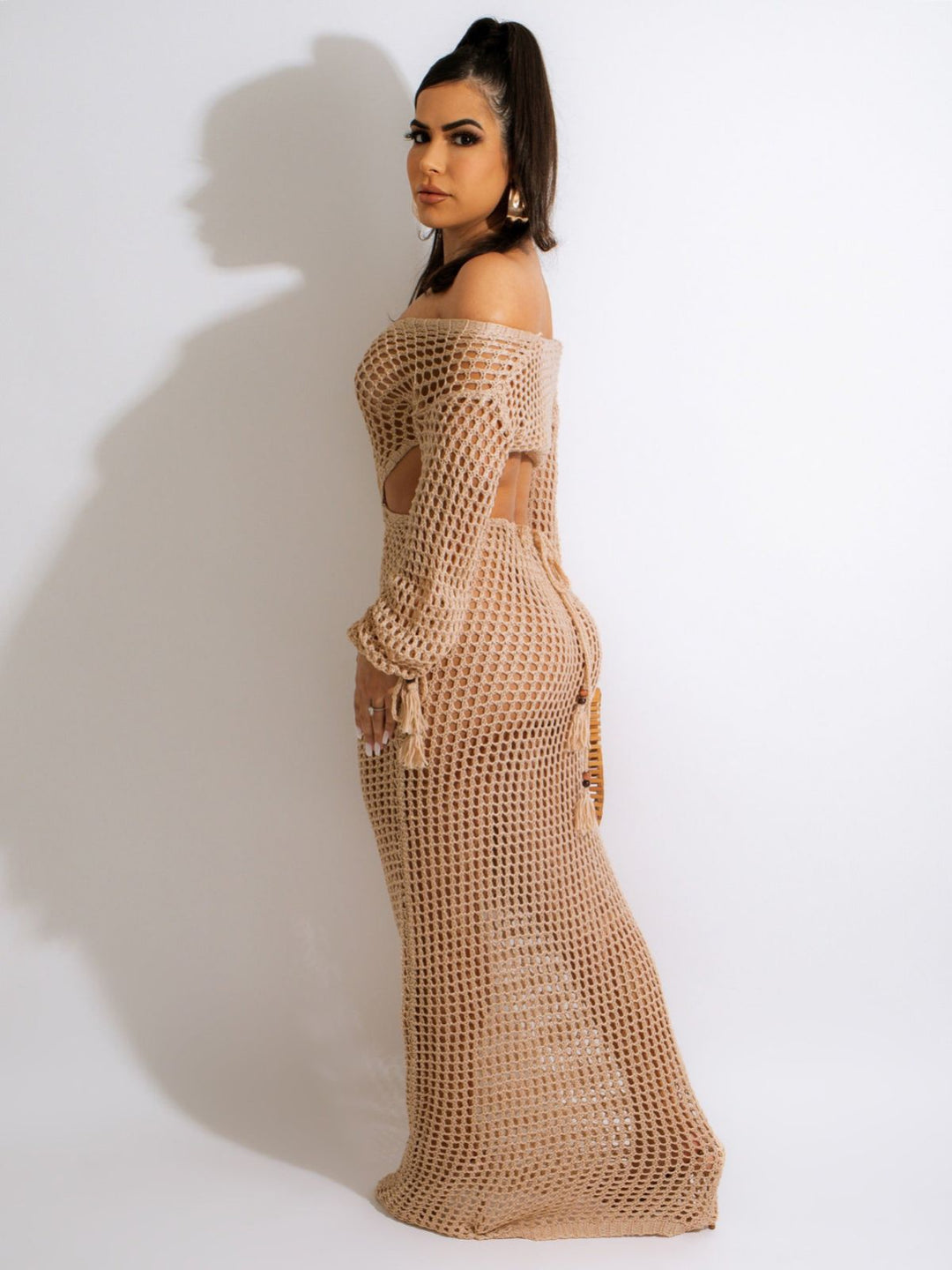 Crochet Beach Maxi Dress – Boho Cut-Out & Tassel Detail