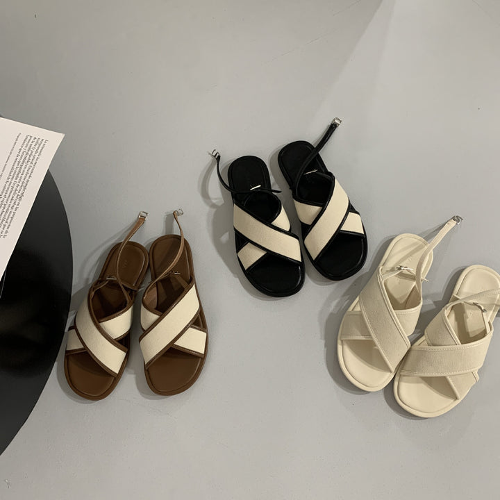 Women's Flat Sandals – Canvas & Leather Crossover Slingback