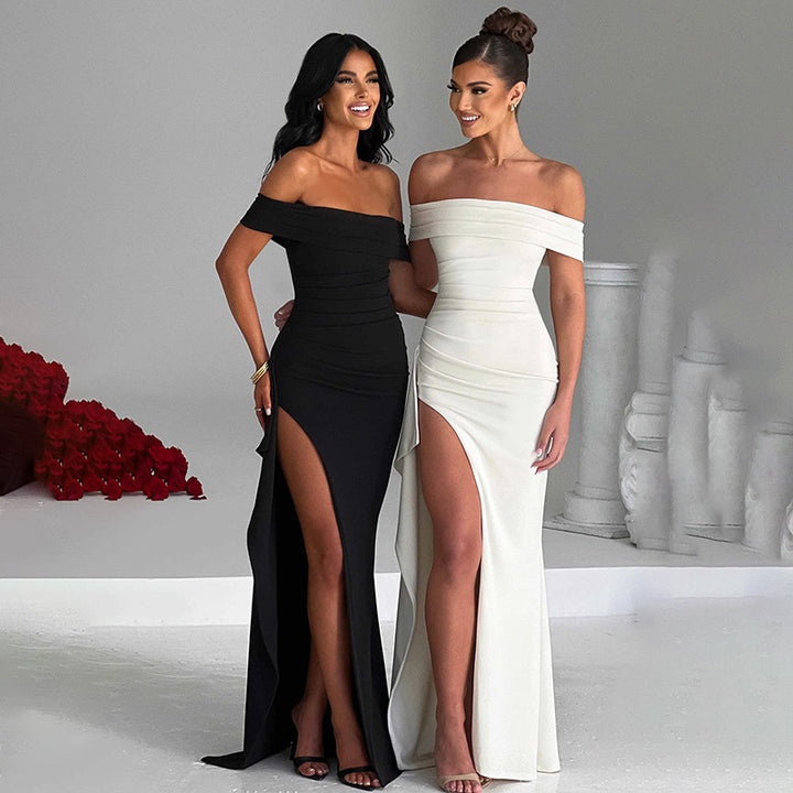 Off Shoulder Maxi Dress – Formal Evening Gown with Elegant Slit