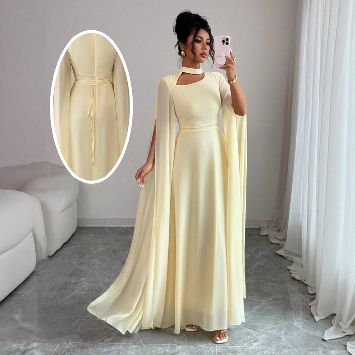 Women's Chiffon Maxi Dress – Cape Sleeve A-Line Formal Gown