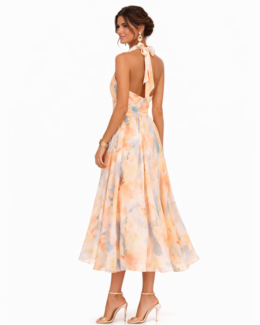 Women's Printed Halterneck Midi Dress – Flowing Occasion Style