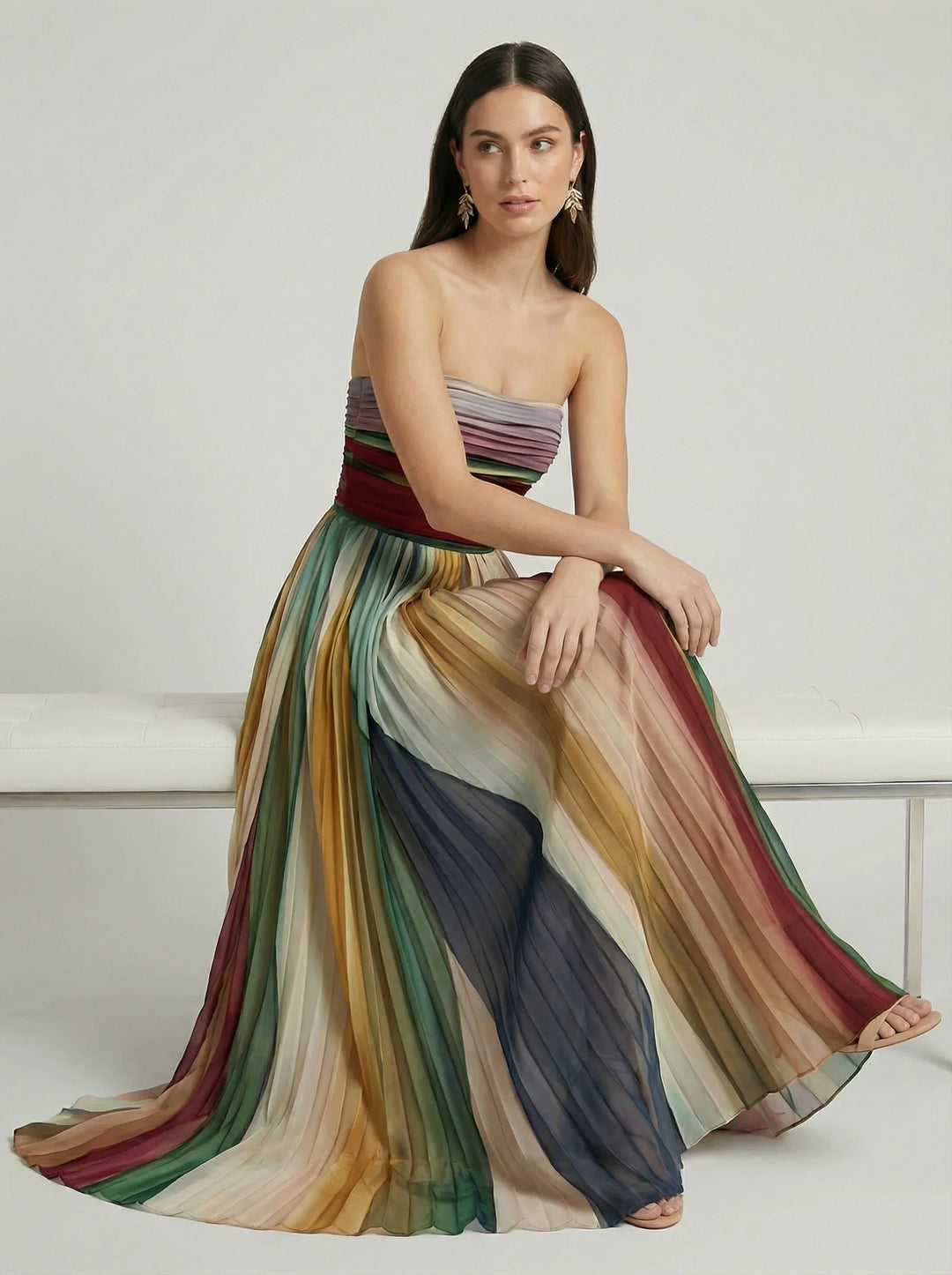 Women's Strapless Maxi Dress Bandeau Bodice – Pleated Full Length