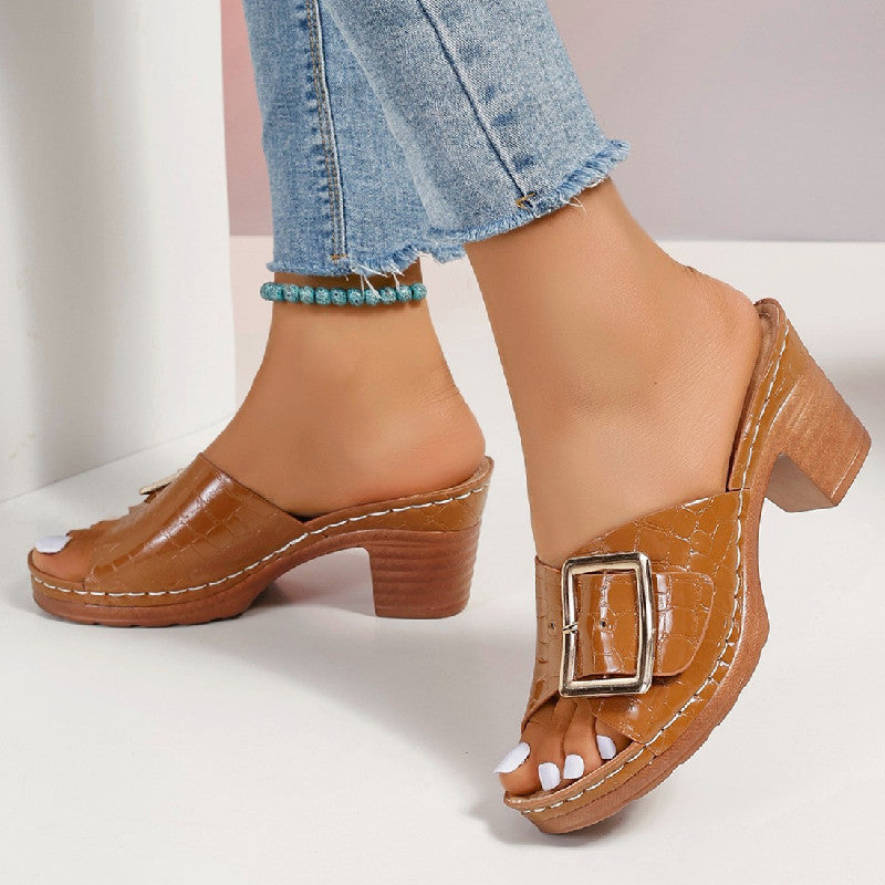 Women's Crocodile Texture Heeled Sandals – Square Chunky Heel Buckle
