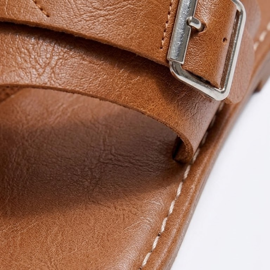 Women's Genuine Leather Flat Sandals – Adjustable Buckle Strap