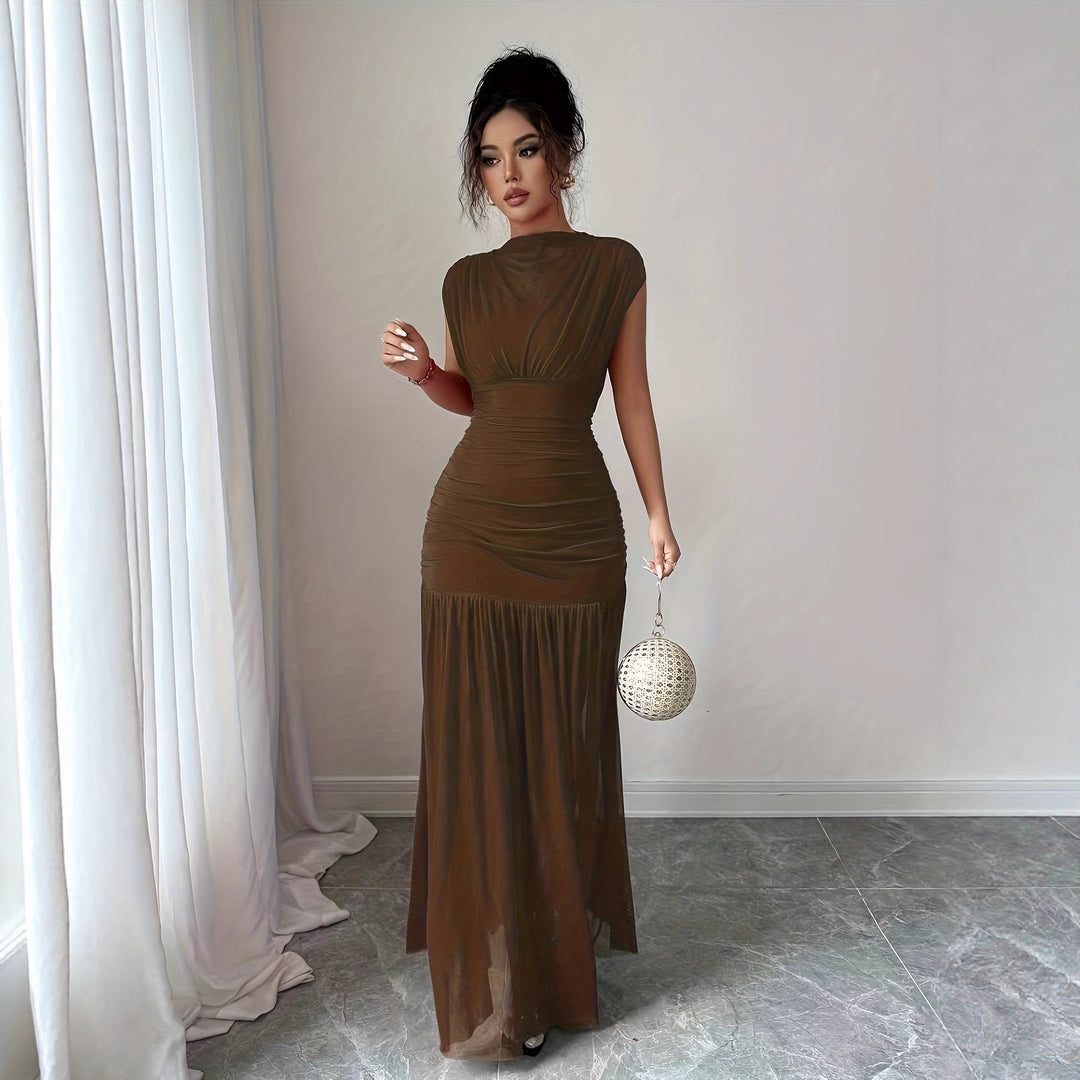 Women's Mesh Pleated Maxi Dress – Sleeveless Ruched Waist High Neck