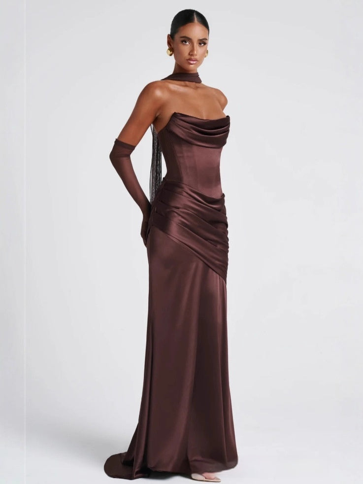 Satin Maxi Dress – Strapless Ruched Bodycon Evening Gown