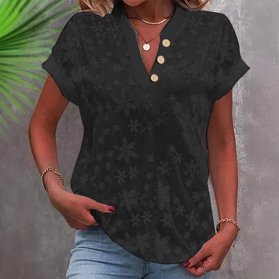 Women's Embroidered Lace Blouse – V-Neck Button-Front