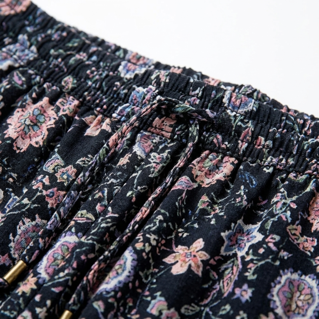 Floral Maxi Skirt – High-Waist Drawstring A-Line, Cotton