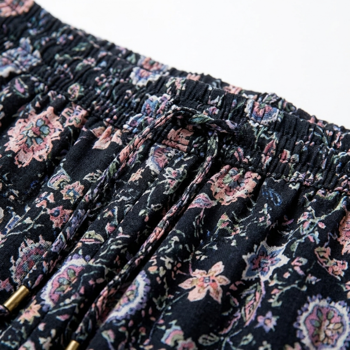 Floral Maxi Skirt – High-Waist Drawstring A-Line, Cotton