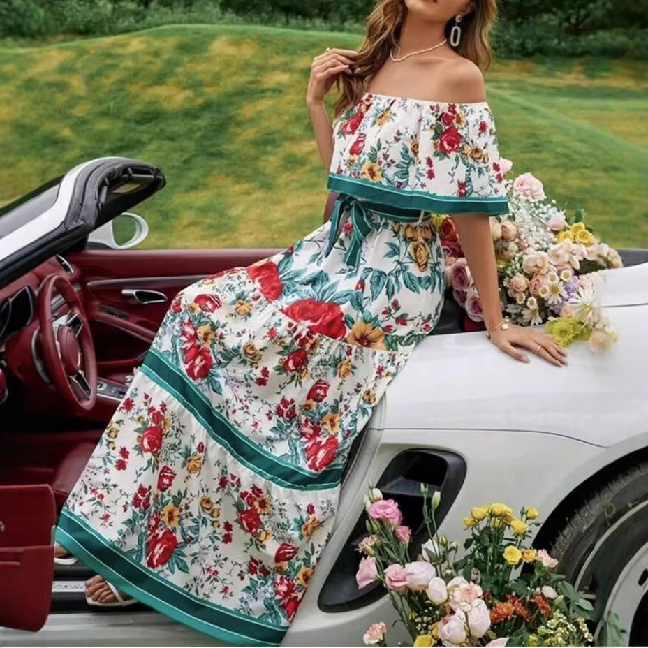 Floral Maxi Dress Off-Shoulder Belted – Boho Vacation Sweeping Hem