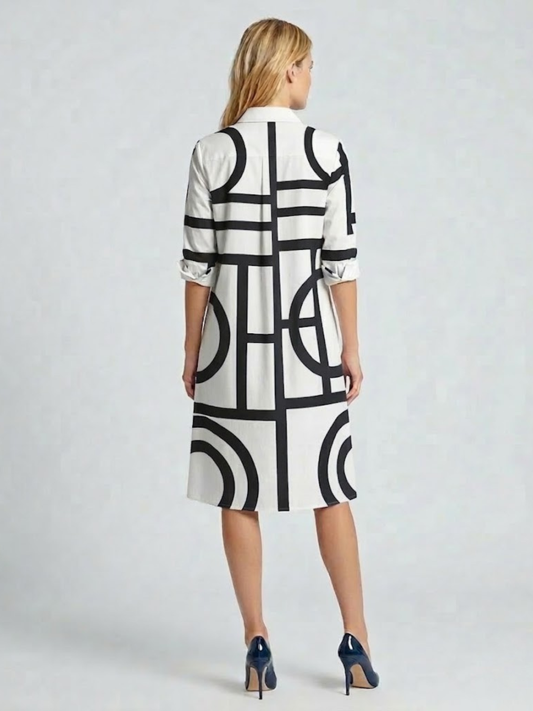 Shirt Midi Dress – Geometric Print A-Line Button-Through