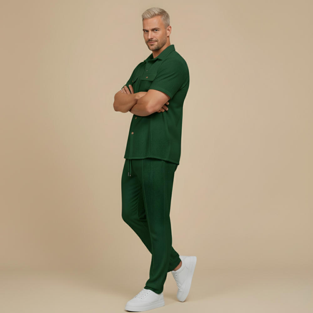 Men's Waffle-Knit Two-Piece Set – Relaxed Matching Shirt & Shorts