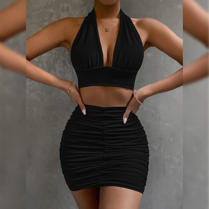 Women's Halter Two-Piece Dress Set – Lace-Up Crop Top Pleated Mini Skirt