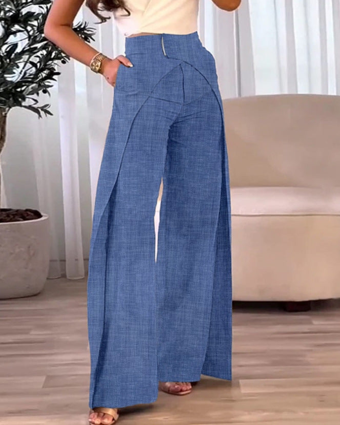 Women's Wide Leg Trousers – High-Waist Wrap Front with Floor-Length Split Hem