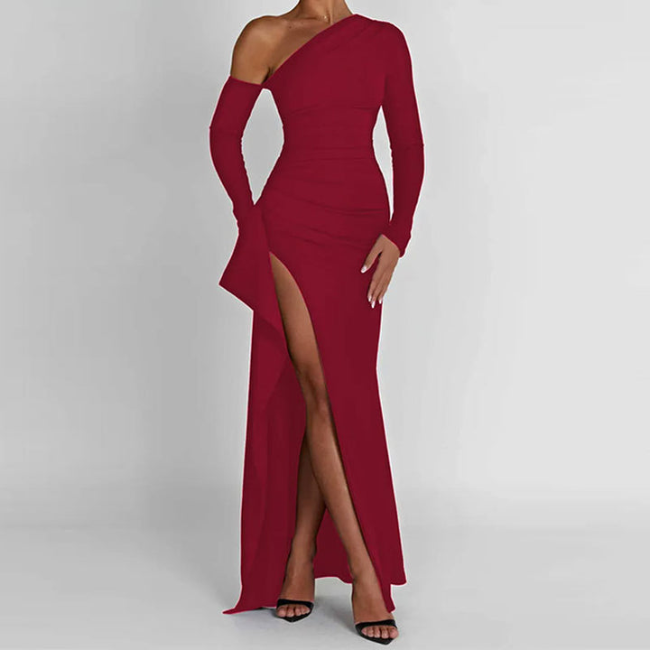 Women's Asymmetric One Shoulder Ruched Maxi Dress – Side Slit