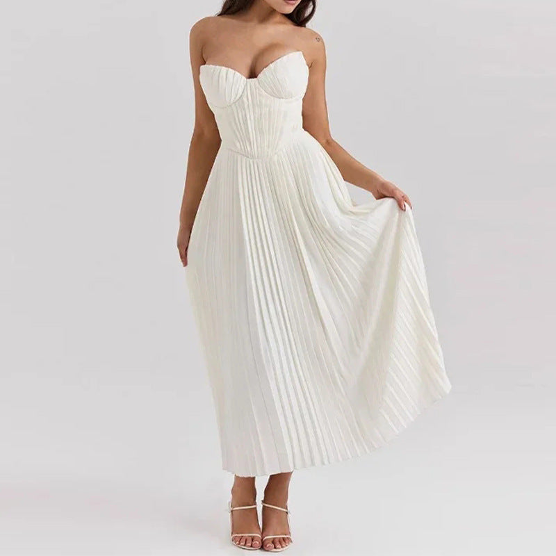 Women's Corset Bodice Strapless Midi Dress – Sweetheart Pleated Skirt