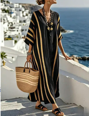 Women's Boho Maxi Dress – V-Neck Kaftan with Stripe Trim