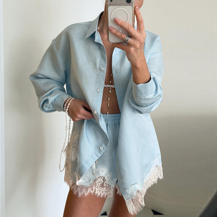 Women's Two Piece Set – Lace Patchwork Beach Blouse and Shorts