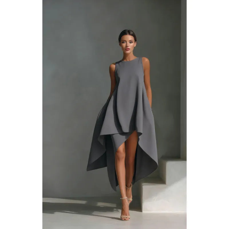 Flared Sleeveless Midi Dress – Asymmetrical Crew Neck A-Line
