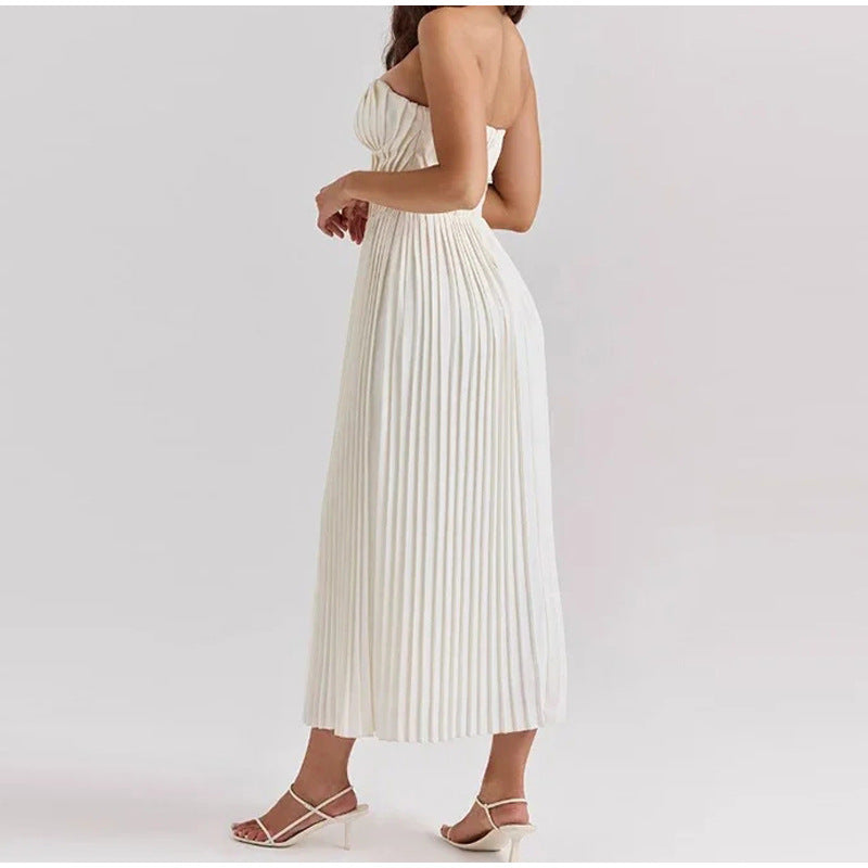 Women's Corset Bodice Strapless Midi Dress – Sweetheart Pleated Skirt