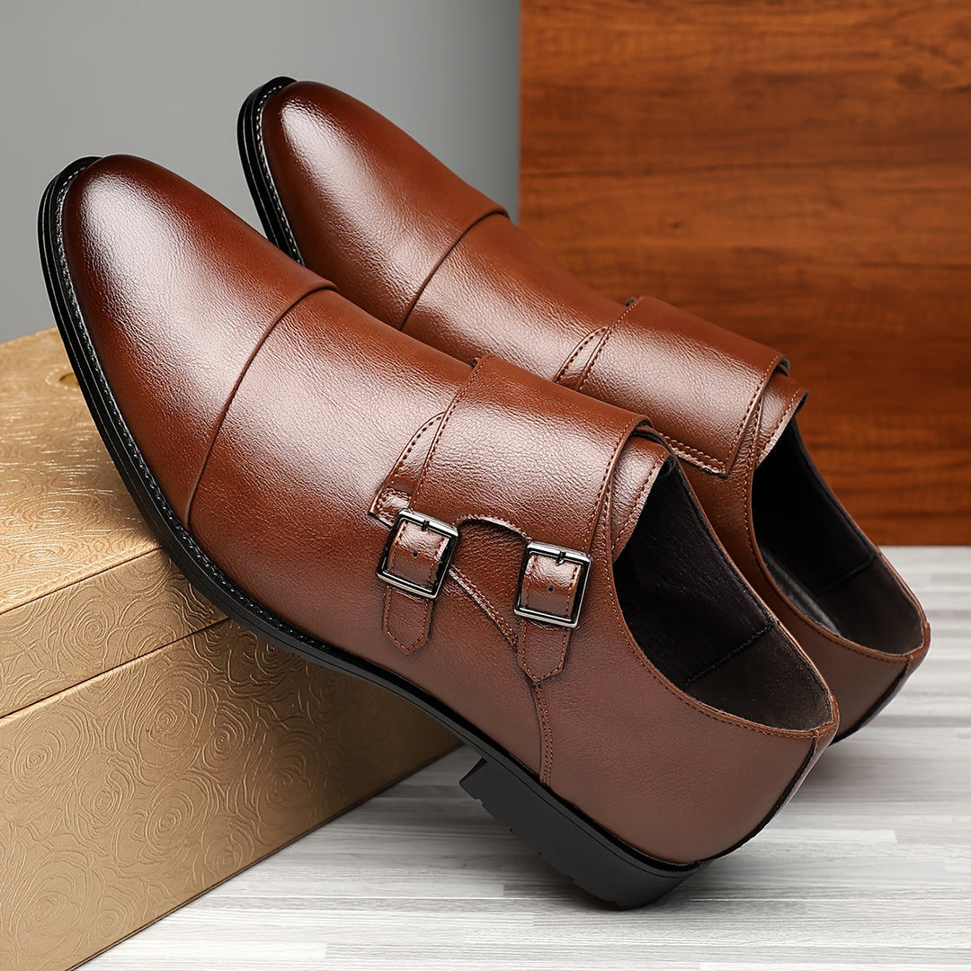 Men's Genuine Leather Double Monk Strap Shoes – Cap Toe Pointed Heel