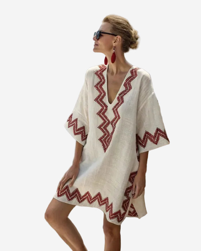 Women's Printed Kaftan Mini Dress – V-Neck Wide Sleeve