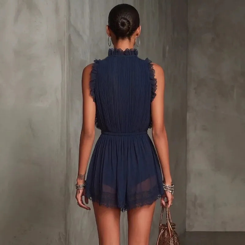 Pleated Mini Dress – V-Neck Lace Trim Blouson for Women