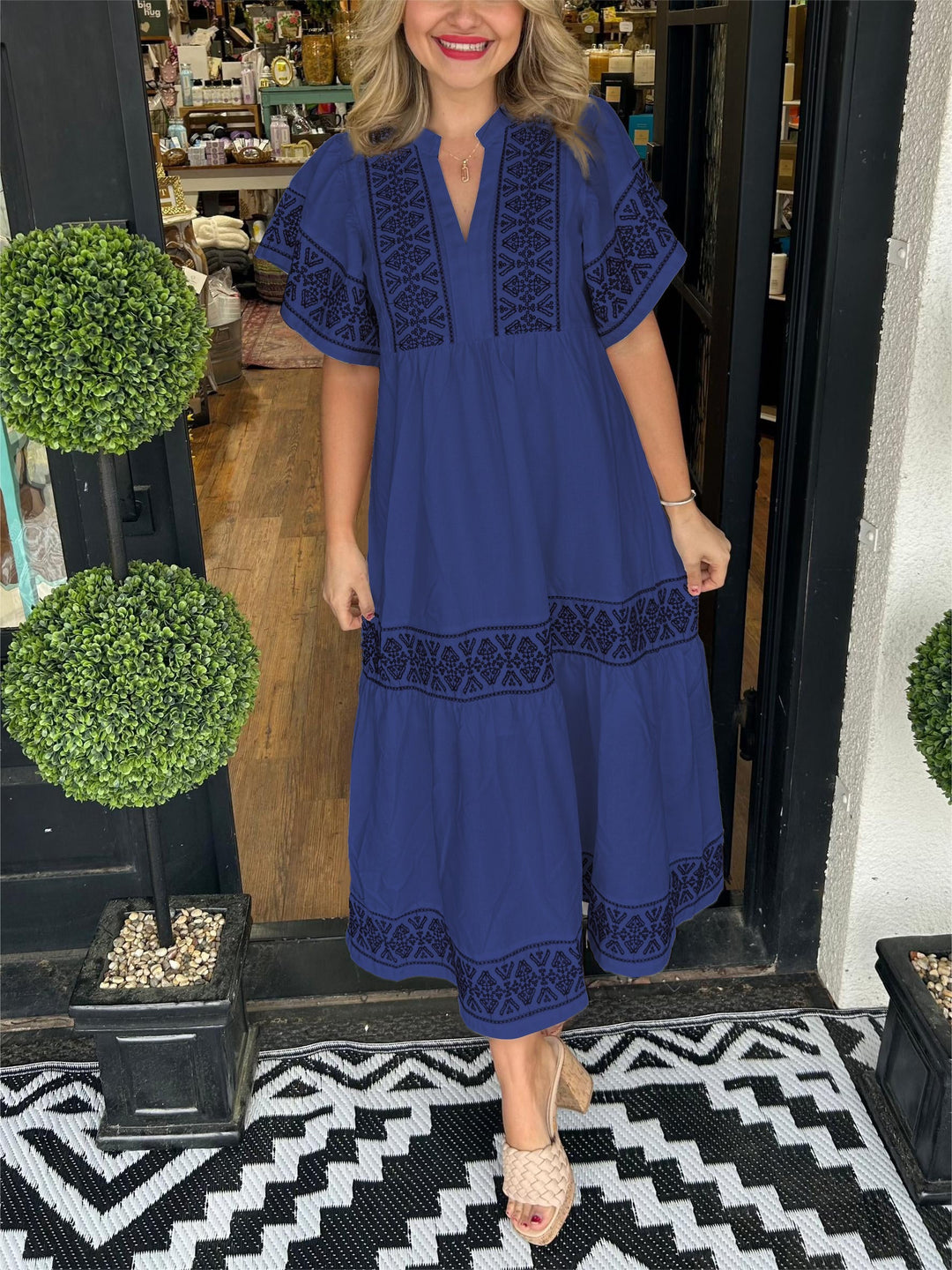 Women's Boho V-Neck Midi Dress Short Sleeve – Flowing Intricate Pattern